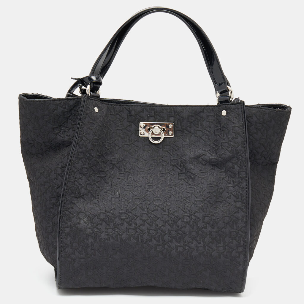 DKNY Black Monogram Canvas And Patent Leather Tote DKNY Black Monogram Canvas And Patent Leather Tote