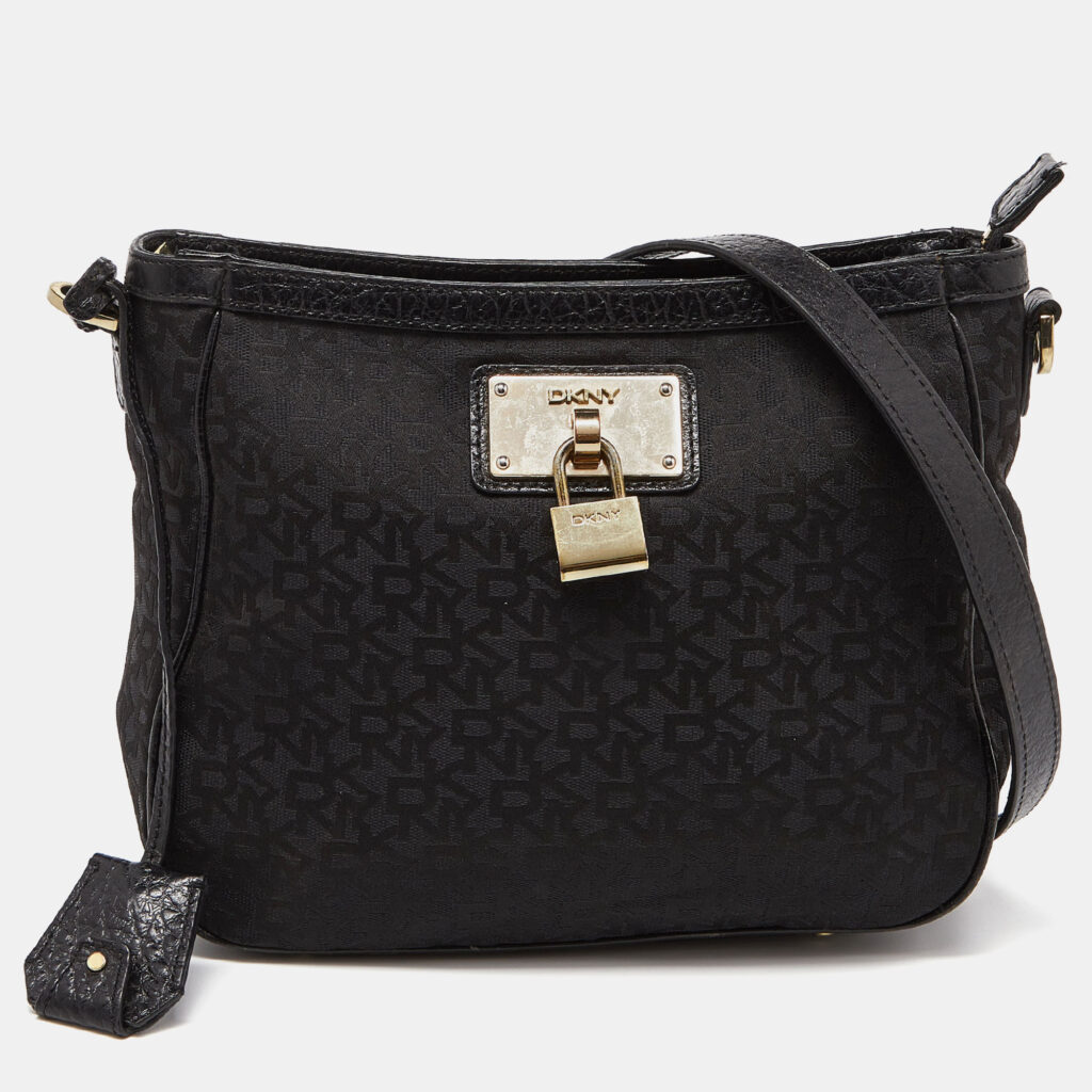 DKNY Black Monogram Canvas and Leather Crossbody Bag DKNY Black Monogram Canvas and Leather Crossbody Bag