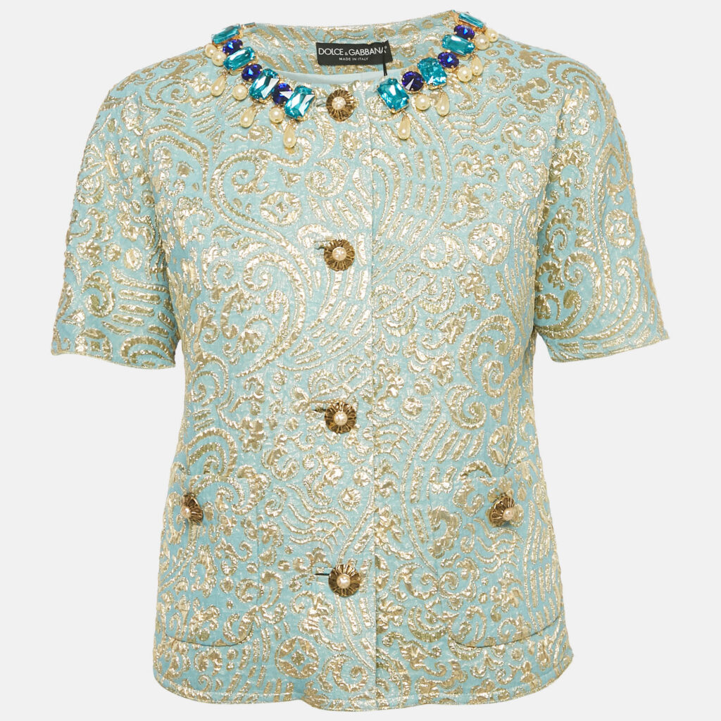 Dolce & Gabbana Blue Crystal Embellished Brocade Blouse M