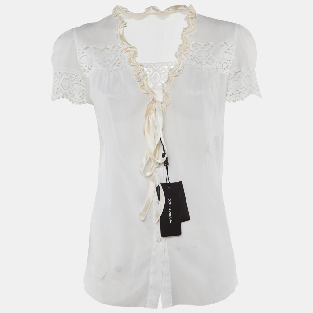 Dolce & Gabbana Off-White Cotton Contrast Trim Top M Dolce & Gabbana Off-White Cotton Contrast Trim Top M