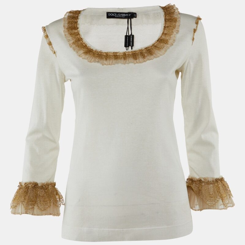 Dolce & Gabbana Off-White Cotton Blend Knit Ruffled Top M Dolce & Gabbana Off-White Cotton Blend Knit Ruffled Top M
