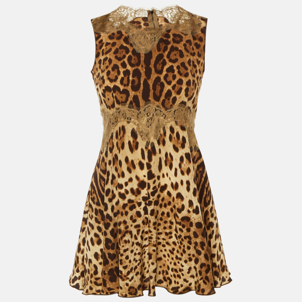 Dolce & Gabbana Brown Leopard Print Silk Lace Trim Mini Dress S Dolce & Gabbana Brown Leopard Print Silk Lace Trim Mini Dress S