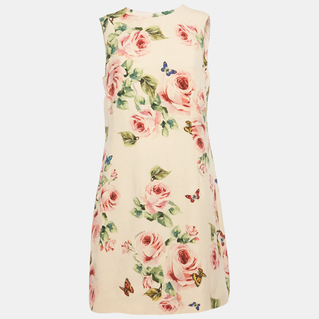 Dolce & Gabbana Pink Rose Print Crepe Sleeveless Shift Dress M Dolce & Gabbana Pink Rose Print Crepe Sleeveless Shift Dress M