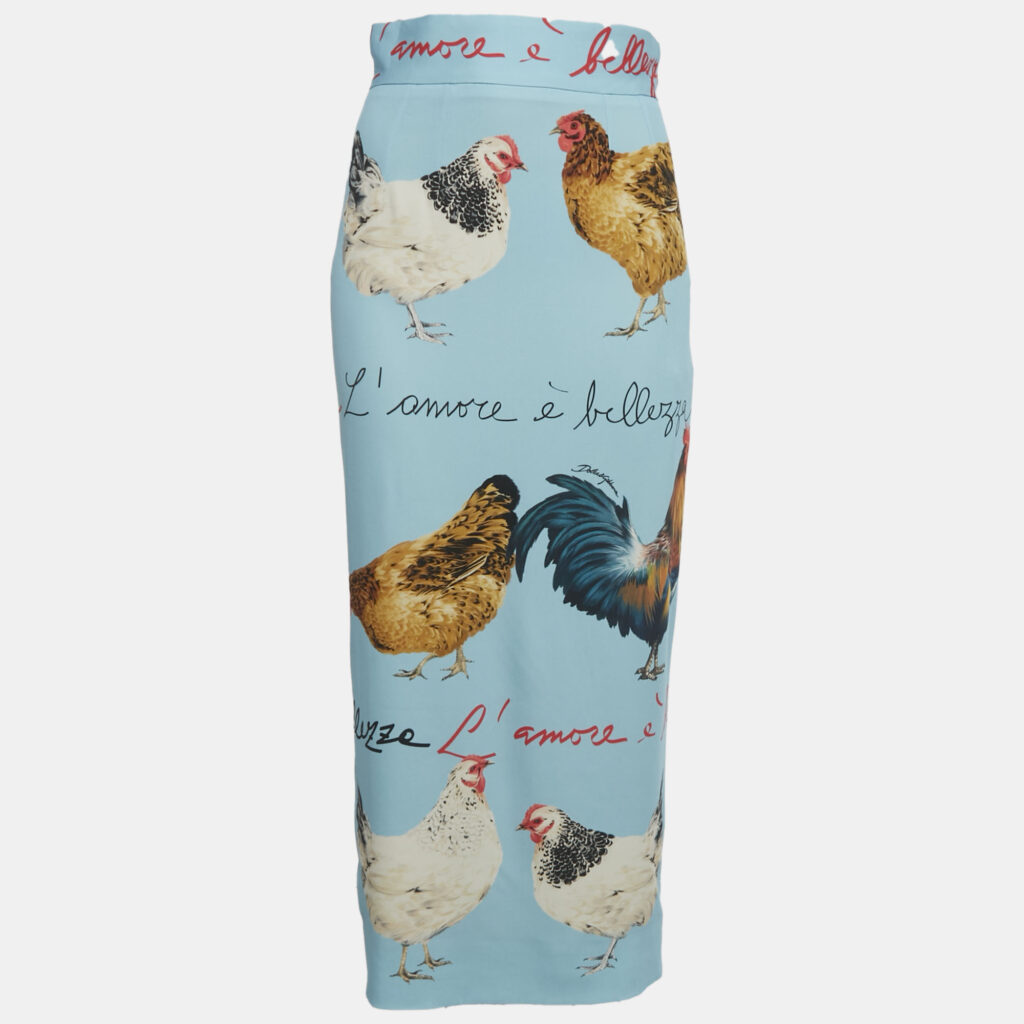 Dolce & Gabbana Blue Chicken Print Crepe Midi Skirt S Dolce & Gabbana Blue Chicken Print Crepe Midi Skirt S