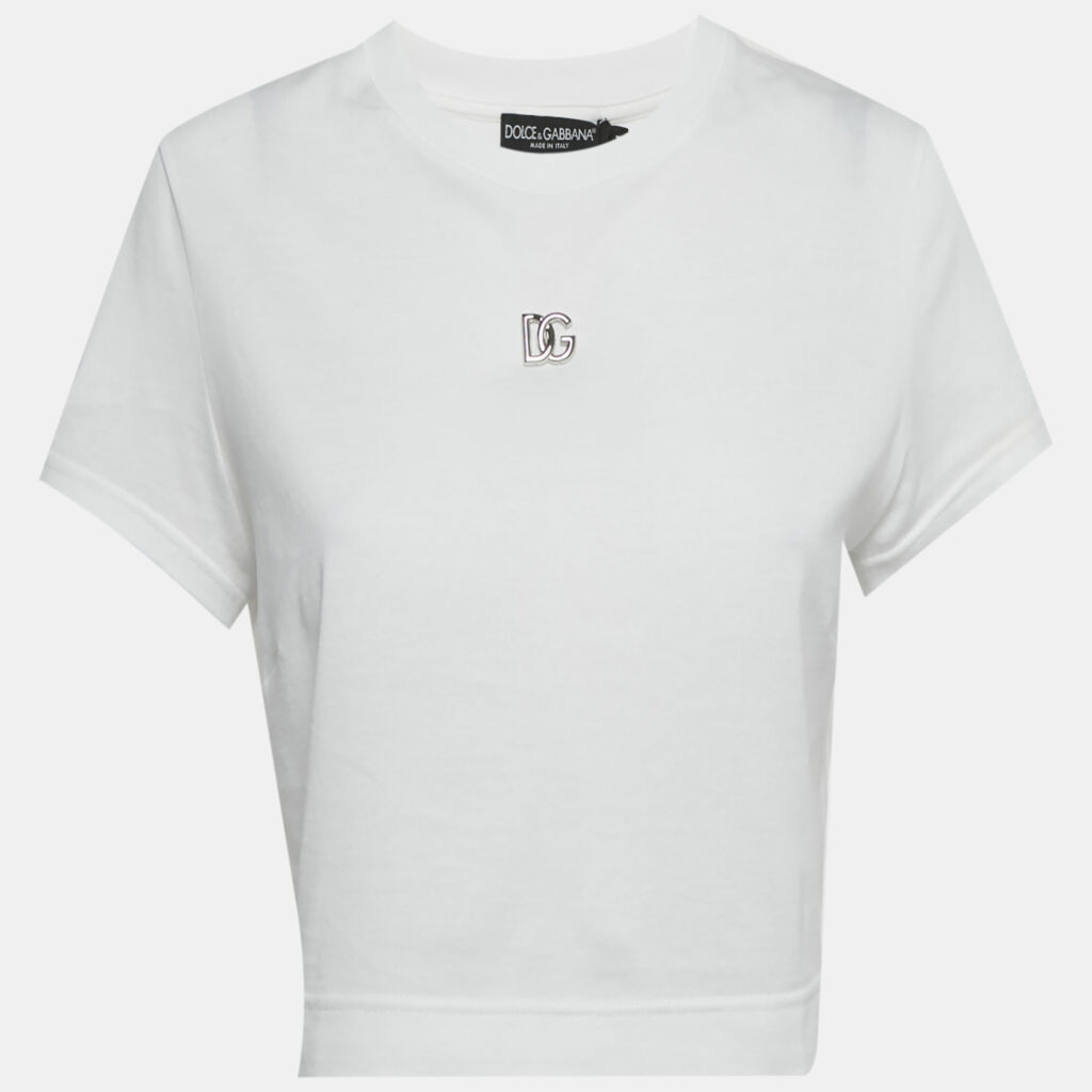 Dolce & Gabbana White Logo Detail Jersey Crop T-Shirt M