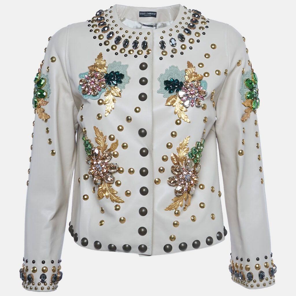 Dolce & Gabbana Beige Crystal Embellished Leather Jacket S Dolce & Gabbana Beige Crystal Embellished Leather Jacket S