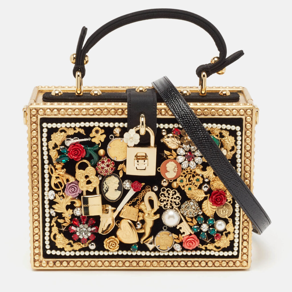 Dolce & Gabbana Gold/Black Acrylic and Fabric Embellished Dolce Box Top Handle Bag Dolce & Gabbana Gold/Black Acrylic and Fabric Embellished Dolce Box Top Handle Bag