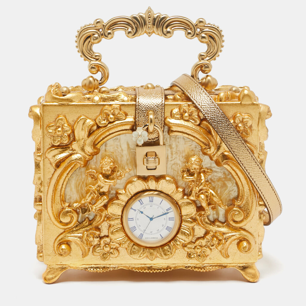 Dolce & Gabbana Gold Barocco Wood Clock Dolce Box Top Handle Bag Dolce & Gabbana Gold Barocco Wood Clock Dolce Box Top Handle Bag