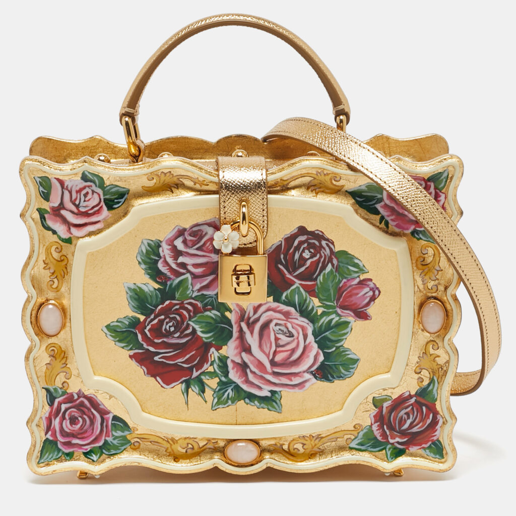 Dolce & Gabbana Gold/Red Rose Painted Wood Dolce Box Top Handle Bag Dolce & Gabbana Gold/Red Rose Painted Wood Dolce Box Top Handle Bag