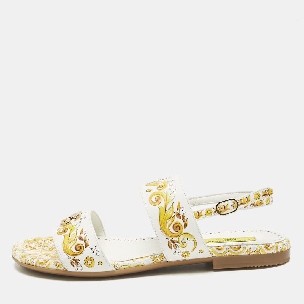 Dolce & Gabbana Yellow/White Majolica Print Leather Flat Sandals Size 37 Dolce & Gabbana Yellow/White Majolica Print Leather Flat Sandals Size 37
