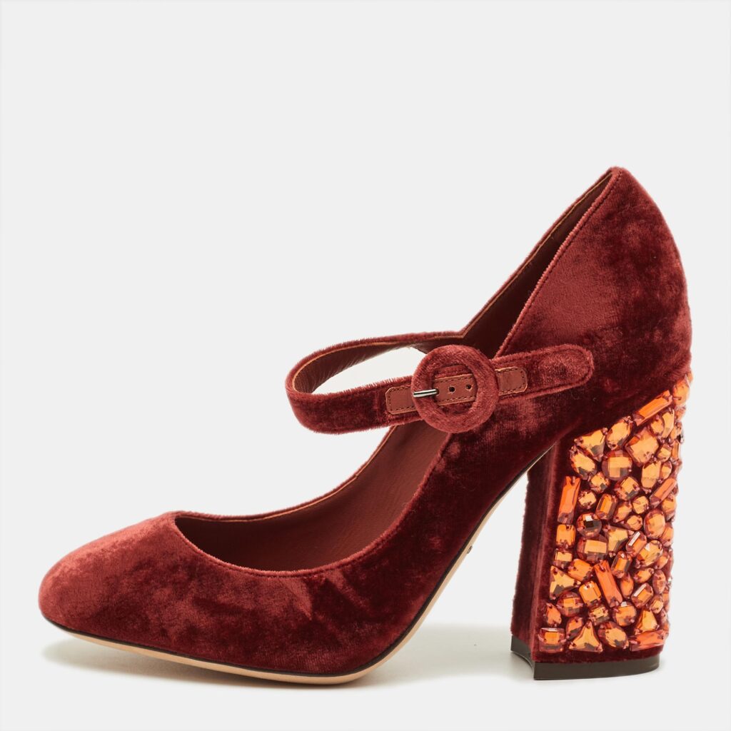 Dolce & Gabbana Burgundy Velvet Crystal Embellish Block Heel Pumps Size 36.5