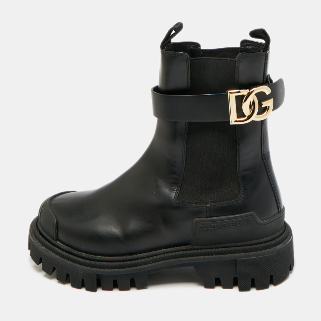 Dolce & Gabbana Black Leather DG Logo Combat Boots Size 37