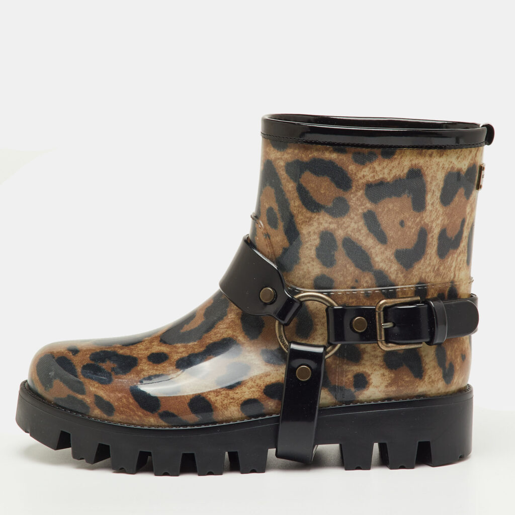Dolce & Gabbana Brown/Black Leopard Print Rubber Ankle Rain Boots Size 40 Dolce & Gabbana Brown/Black Leopard Print Rubber Ankle Rain Boots Size 40