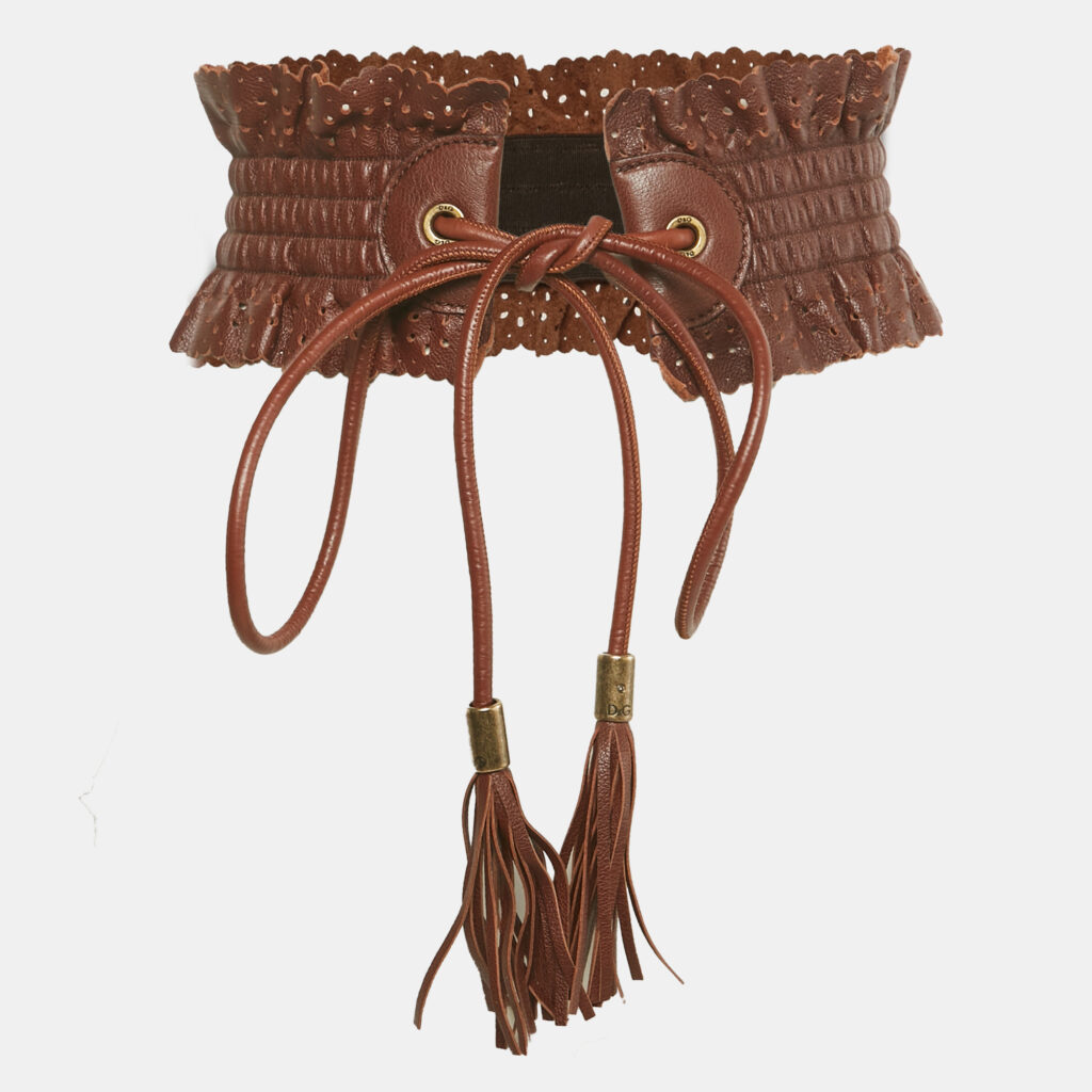 Dolce & Gabbana Brown Leather Tassel Waist Wide Belt 70CM
