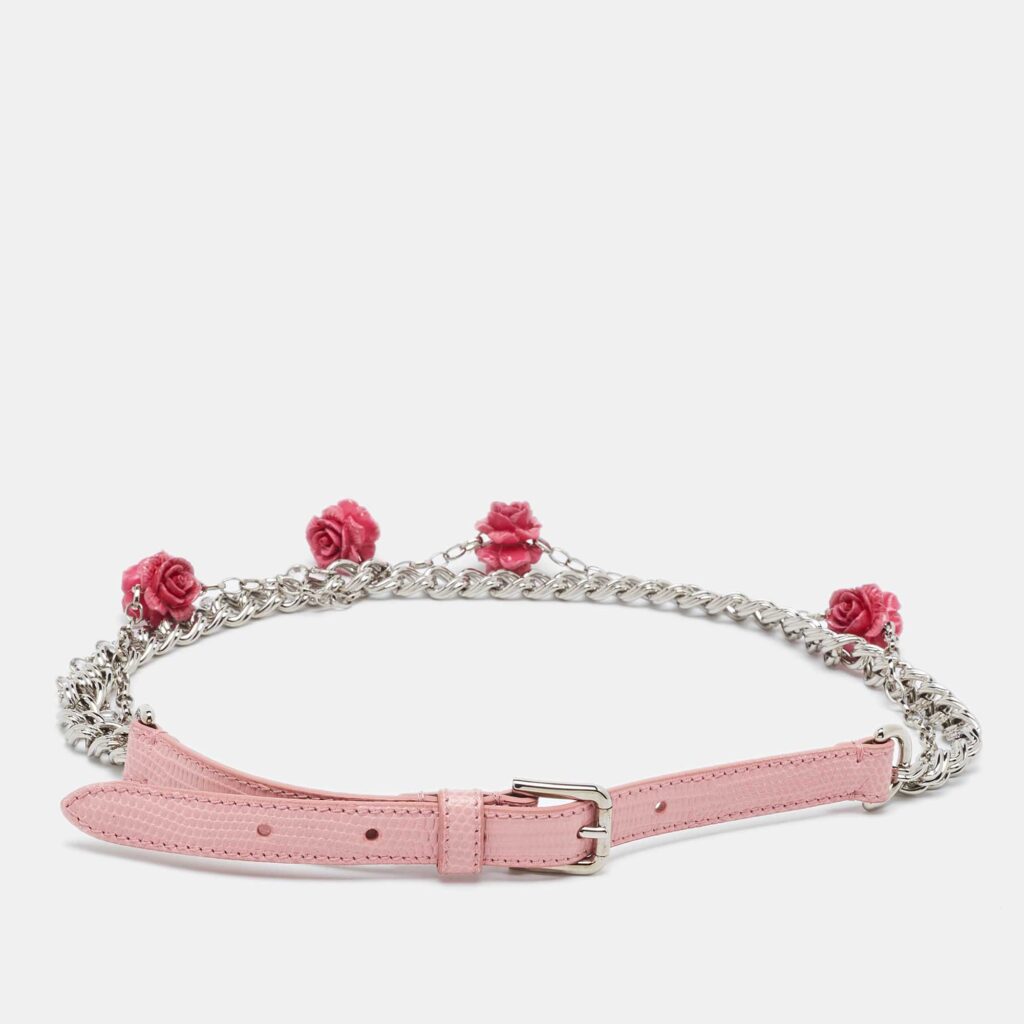 Dolce & Gabbana Pink Iguana Leather Rose Embellished Chain Waist Belt 65CM Dolce & Gabbana Pink Iguana Leather Rose Embellished Chain Waist Belt 65CM