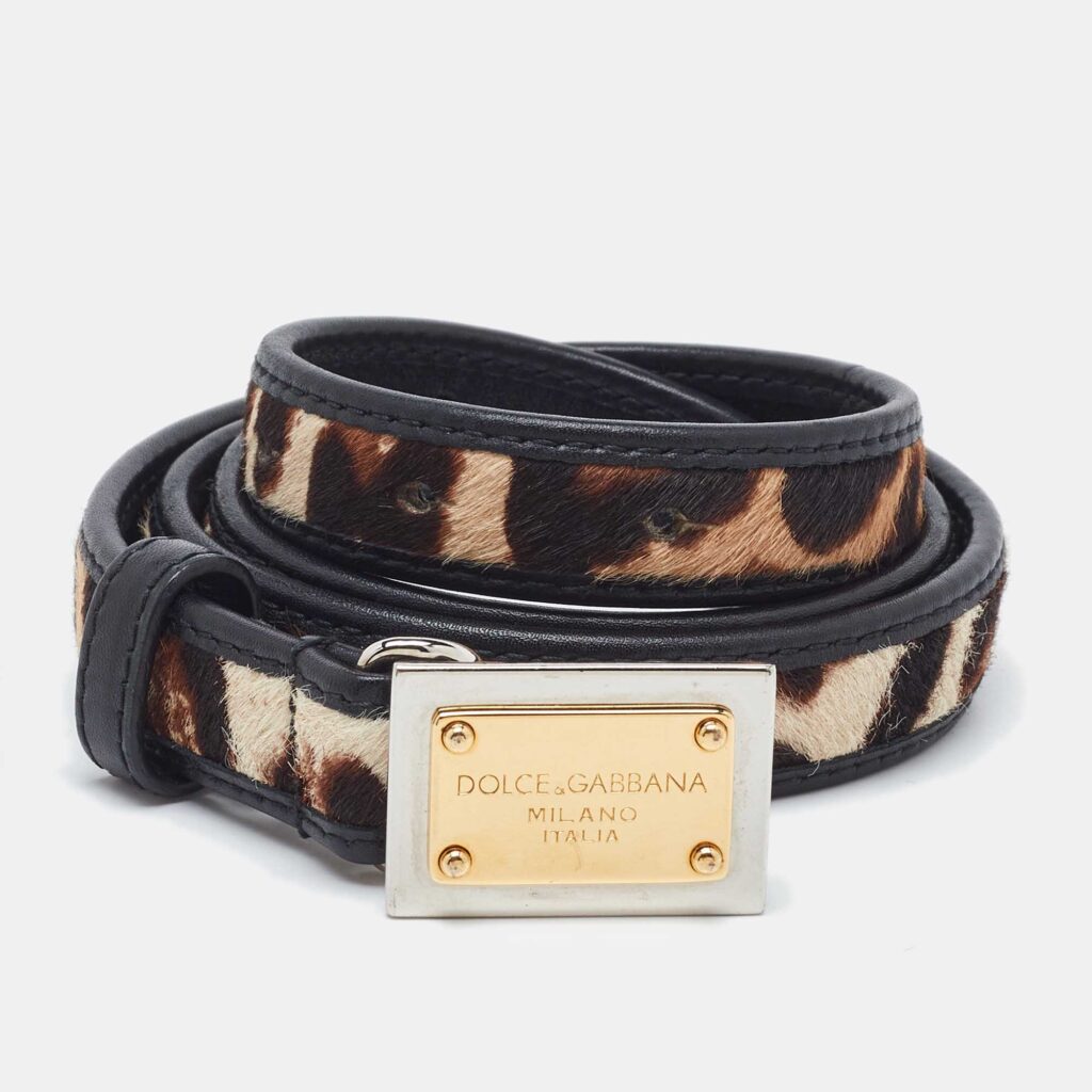 Dolce & Gabbana Black/Brown Leopard Print Calf Hair and Leather Slim Waist Belt 85CM Dolce & Gabbana Black/Brown Leopard Print Calf Hair and Leather Slim Waist Belt 85CM