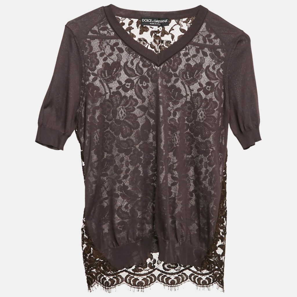 Dolce & Gabbana Brown Jersey and Lace V-Neck Top S