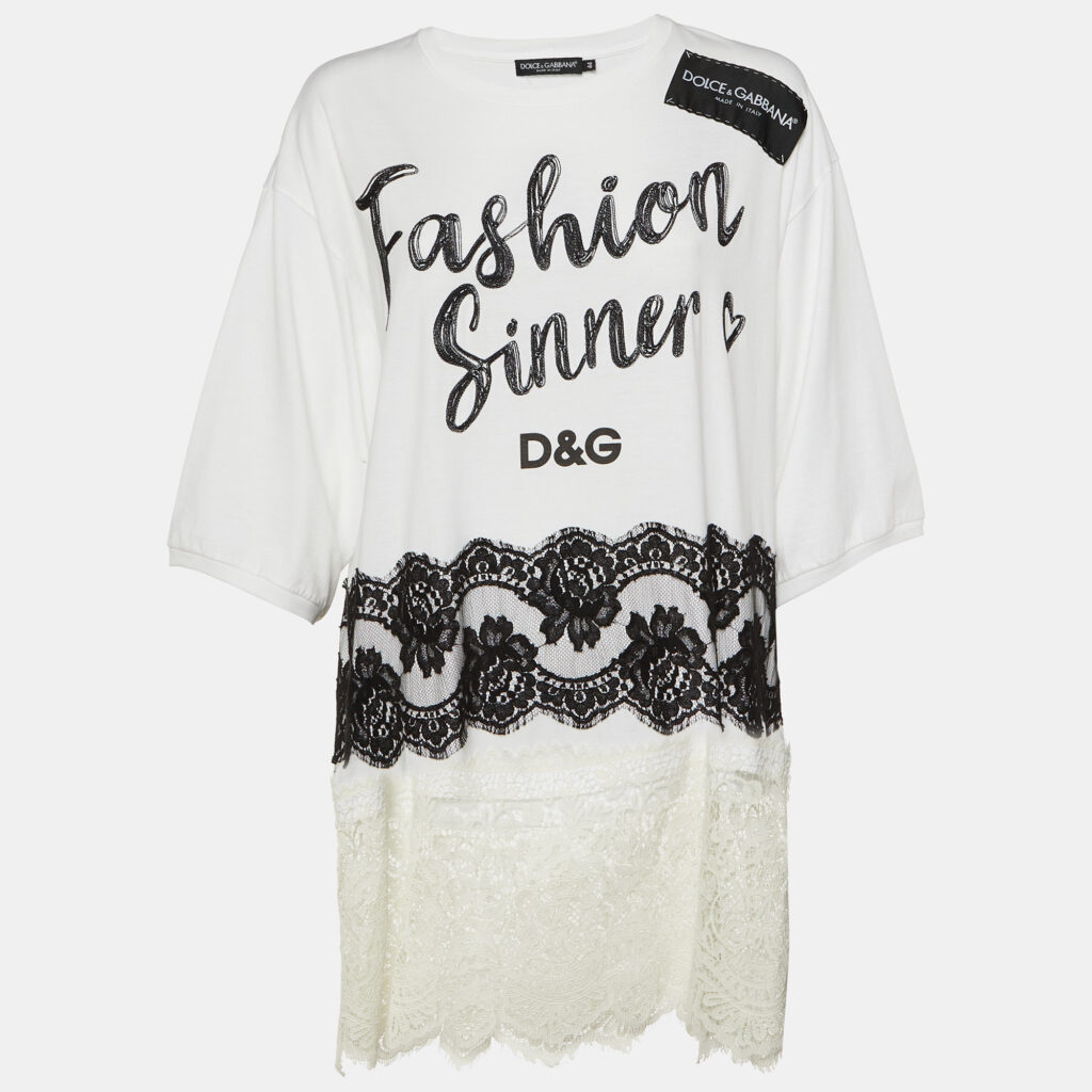 Dolce & Gabbana Monochrome Cotton Lace Trim Tunic M
