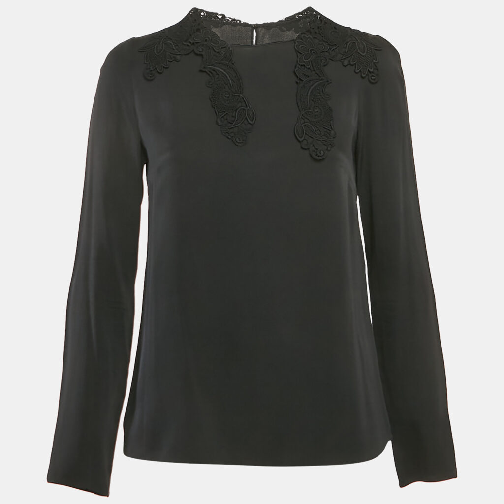 Dolce & Gabbana Black Lace Trim Stretch Silk Long Sleeve Top S
