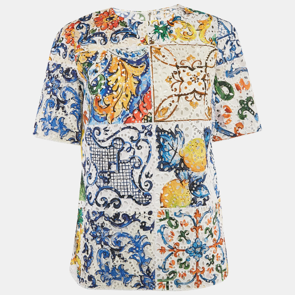 Dolce & Gabbana Multicolor Printed Anglaise Broderie Round Neck Top M Dolce & Gabbana Multicolor Printed Anglaise Broderie Round Neck Top M