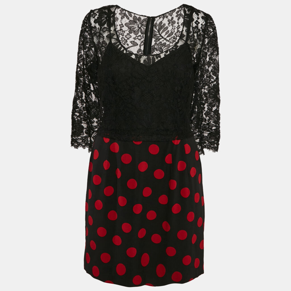 Dolce & Gabbana Black Lace and Polka Dot Print Silk Mini Dress M Dolce & Gabbana Black Lace and Polka Dot Print Silk Mini Dress M