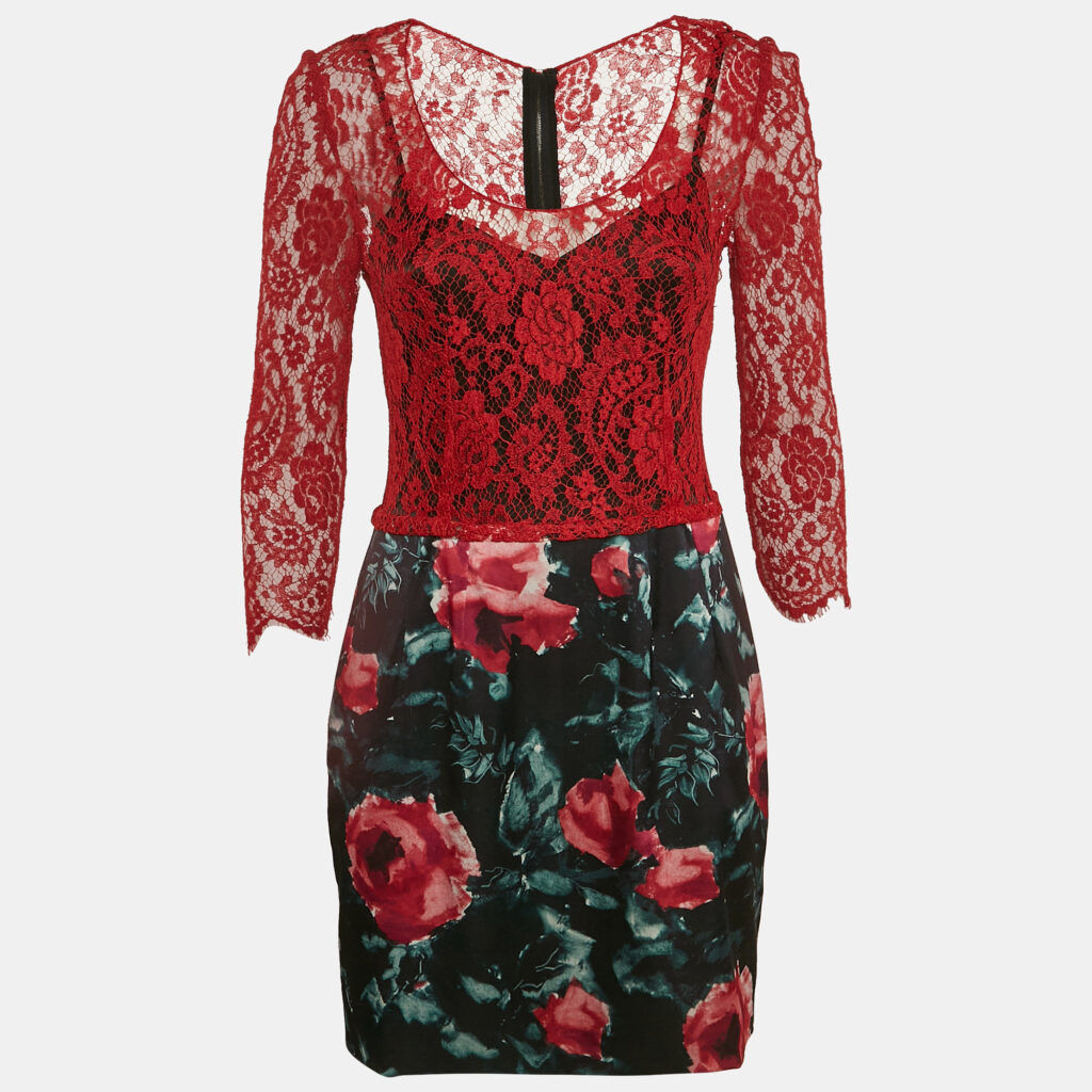 Dolce & Gabbana Red/Black Lace and Floral Print Crepe Mini Dress M Dolce & Gabbana Red/Black Lace and Floral Print Crepe Mini Dress M