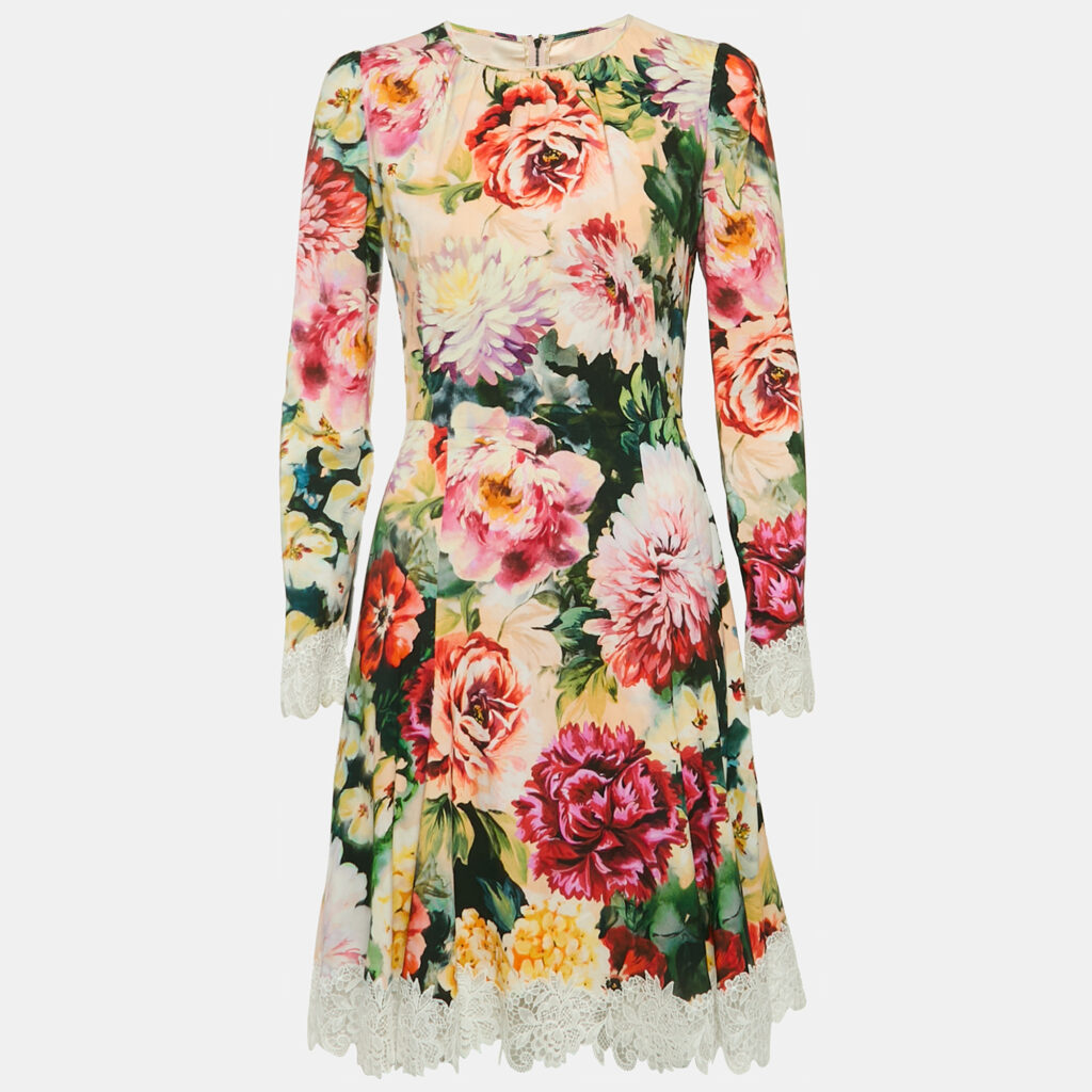 Dolce & Gabbana Pink Floral Print Crepe Lace Trim Short Dress M Dolce & Gabbana Pink Floral Print Crepe Lace Trim Short Dress M