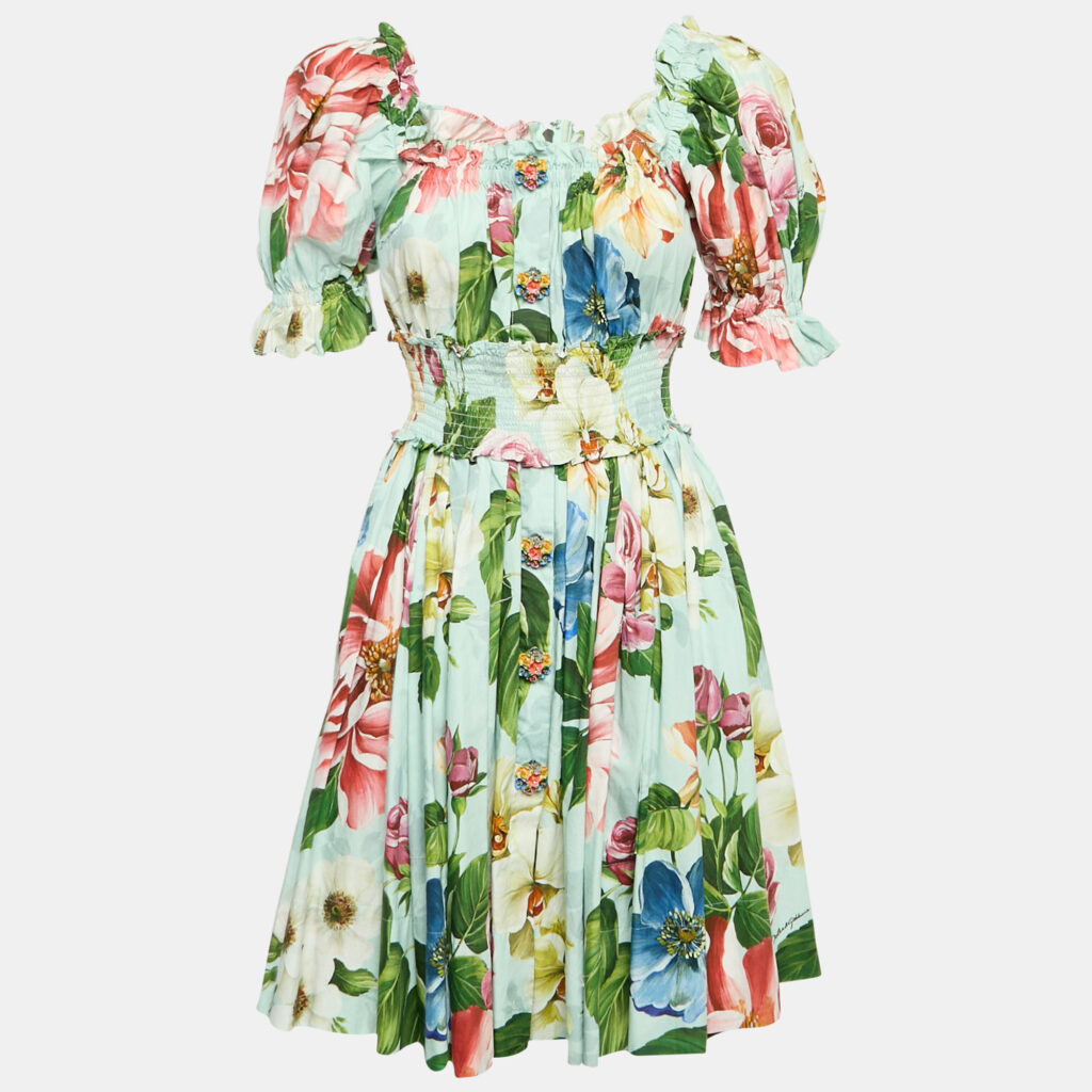 Dolce & Gabbana Blue Floral Print Poplin Shirring Tiered Mini Dress M Dolce & Gabbana Blue Floral Print Poplin Shirring Tiered Mini Dress M