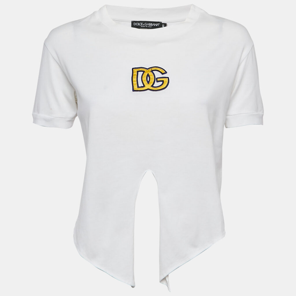 Dolce & Gabbana White Logo Embroidered Jersey Crop T-Shirt S Dolce & Gabbana White Logo Embroidered Jersey Crop T-Shirt S