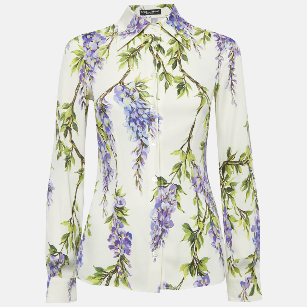 Dolce & Gabbana Cream Floral Print Silk Long Sleeve Shirt S