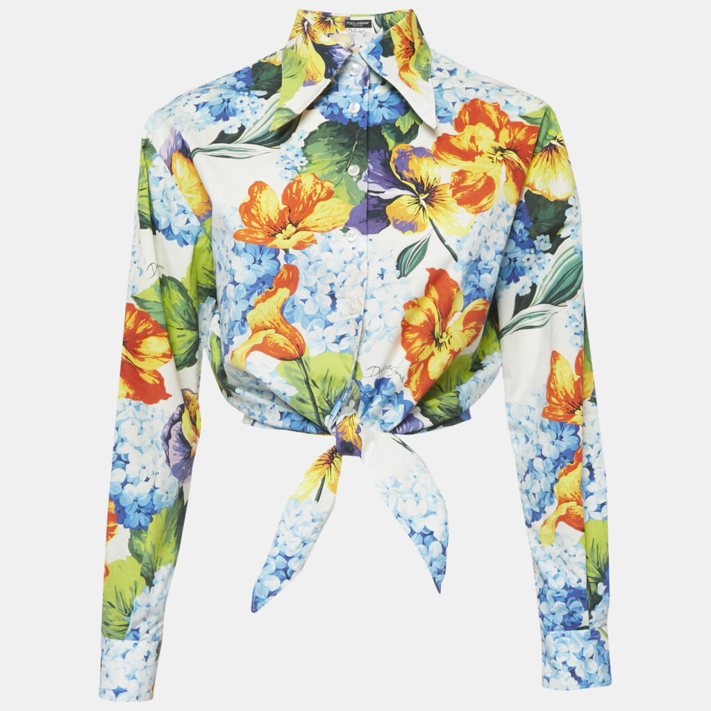 Dolce & Gabbana Multicolor Floral Print Cotton Tie-Up Crop Shirt XS Dolce & Gabbana Multicolor Floral Print Cotton Tie-Up Crop Shirt XS
