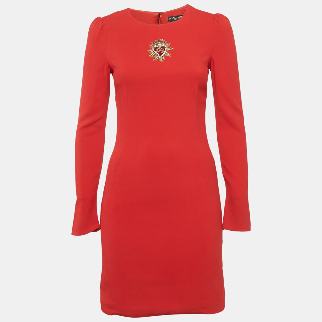 luxury-women-dolcegabbana-used-clothes-p1169808-002-1.jpg Dolce & Gabbana Red Crepe Logo Embellished Long Sleeve Mini Dress S