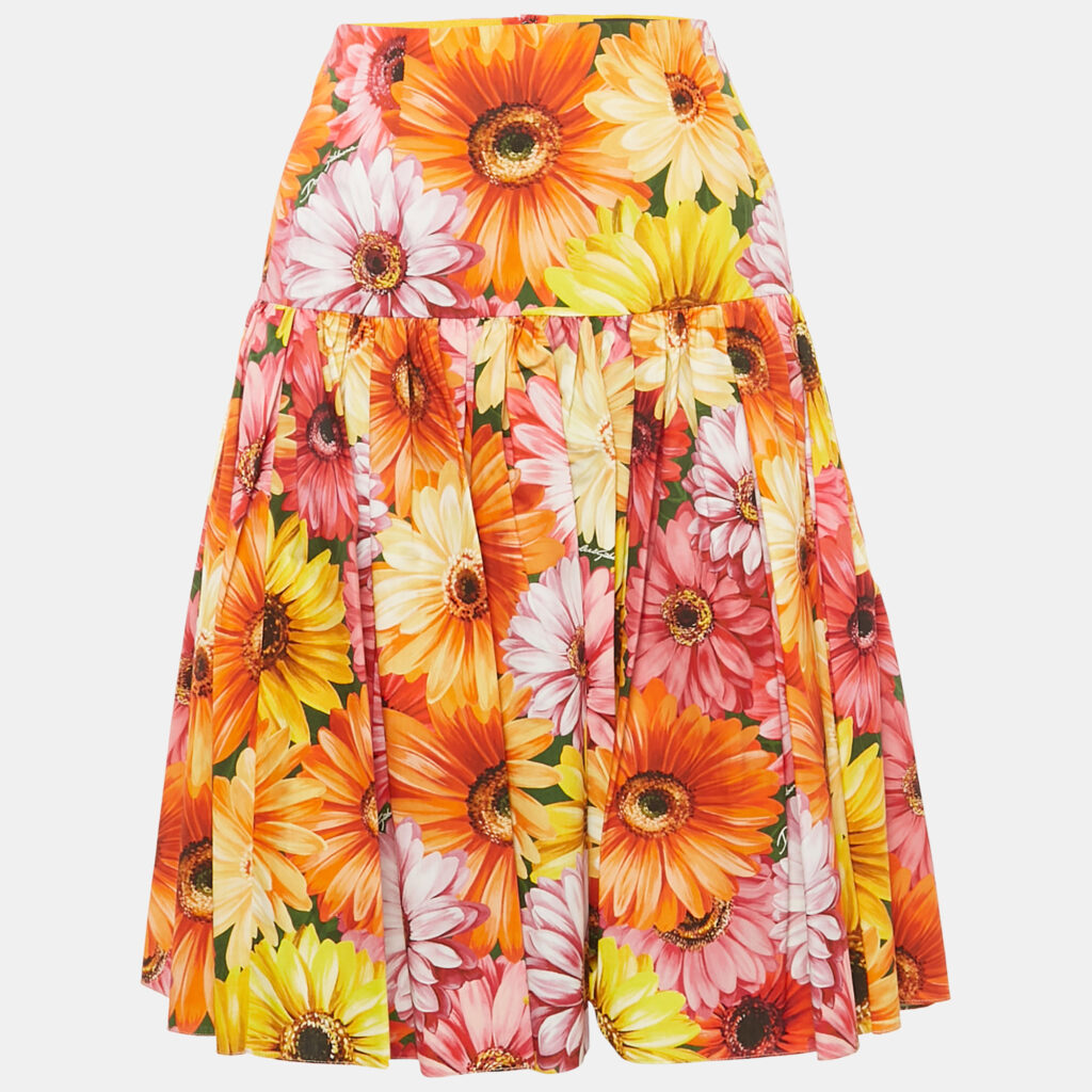 Dolce & Gabbana Orange Gerbera Print Poplin Tiered Midi Skirt M Dolce & Gabbana Orange Gerbera Print Poplin Tiered Midi Skirt M
