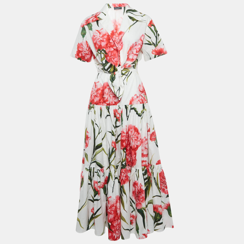Dolce & Gabbana White Floral Printed Front Tie Cropped Shirt & Tiered Maxi Skirt M Dolce & Gabbana White Floral Printed Front Tie Cropped Shirt & Tiered Maxi Skirt M