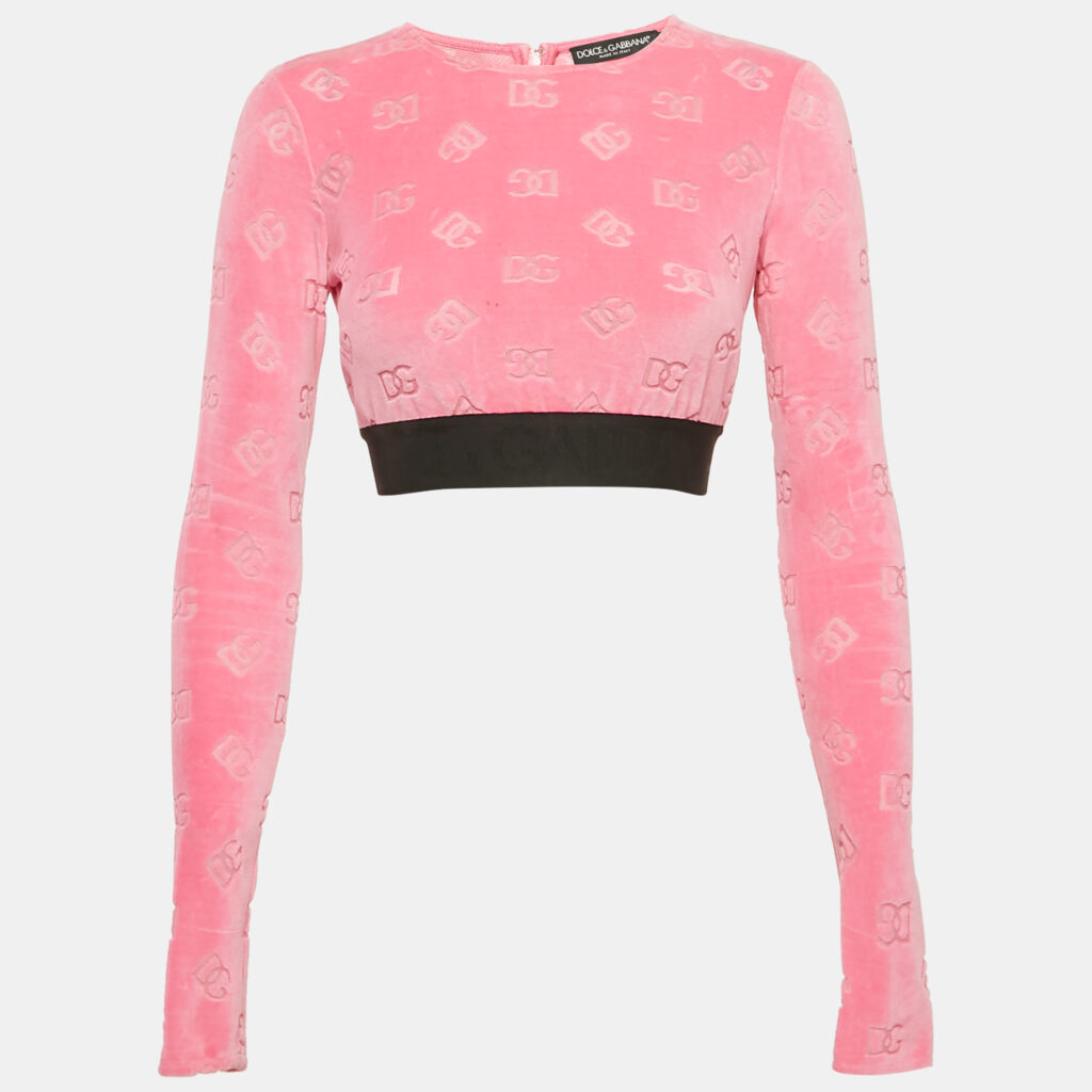 Dolce & Gabbana Pink Monogram Velvet Crop Top S Dolce & Gabbana Pink Monogram Velvet Crop Top S