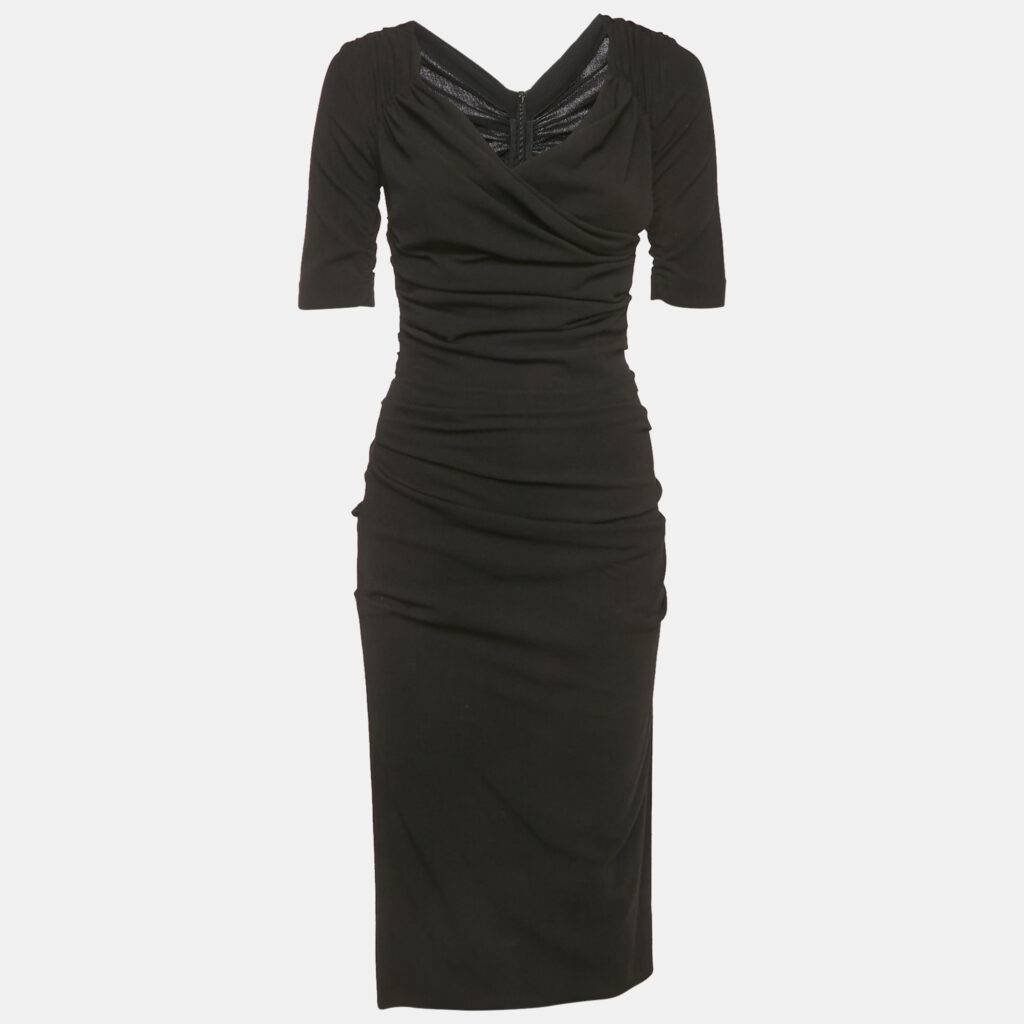 Dolce & Gabbana Black Stretch Crepe Wool Ruche Midi Dress S Dolce & Gabbana Black Stretch Crepe Wool Ruche Midi Dress S