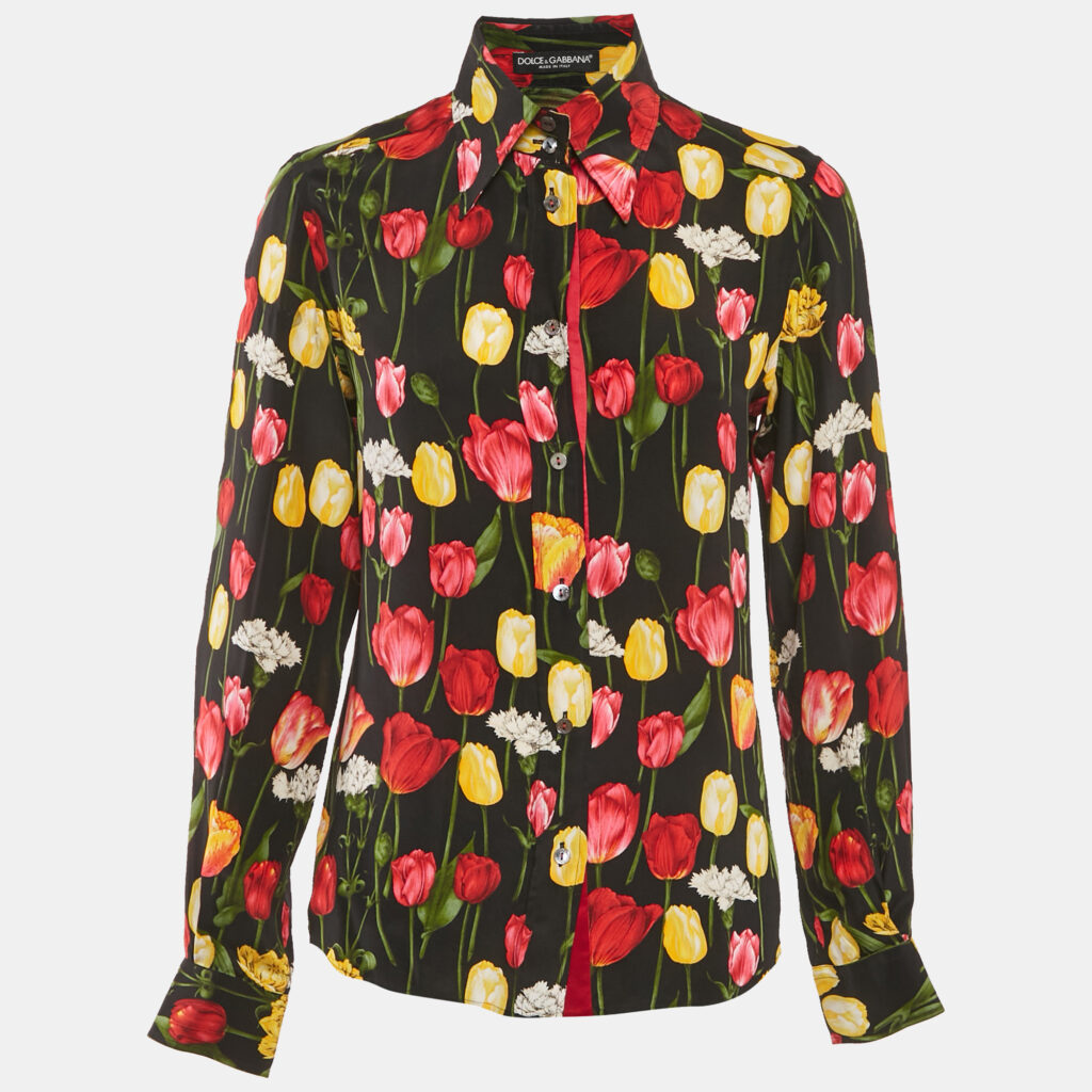 Dolce & Gabbana Black Tulip Print Silk Long sleeve Shirt S Dolce & Gabbana Black Tulip Print Silk Long sleeve Shirt S