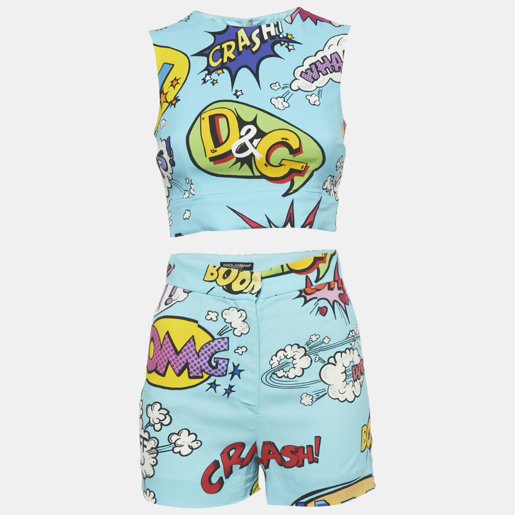 Dolce & Gabbana Blue Printed Crepe Sleeveless Crop Top & Shorts Set S Dolce & Gabbana Blue Printed Crepe Sleeveless Crop Top & Shorts Set S