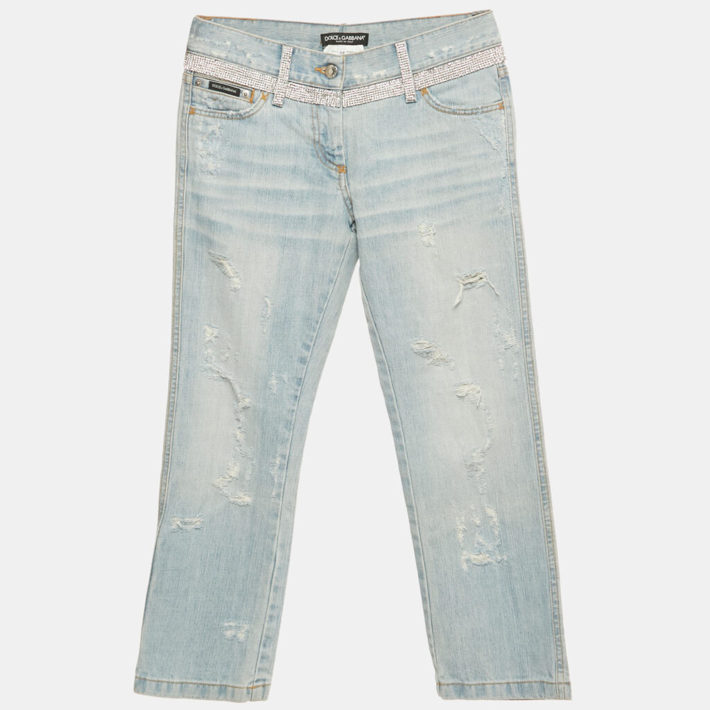Dolce & Gabbana Blue Distressed Denim Rhinestone Detail Crop Jeans S Waist 29"