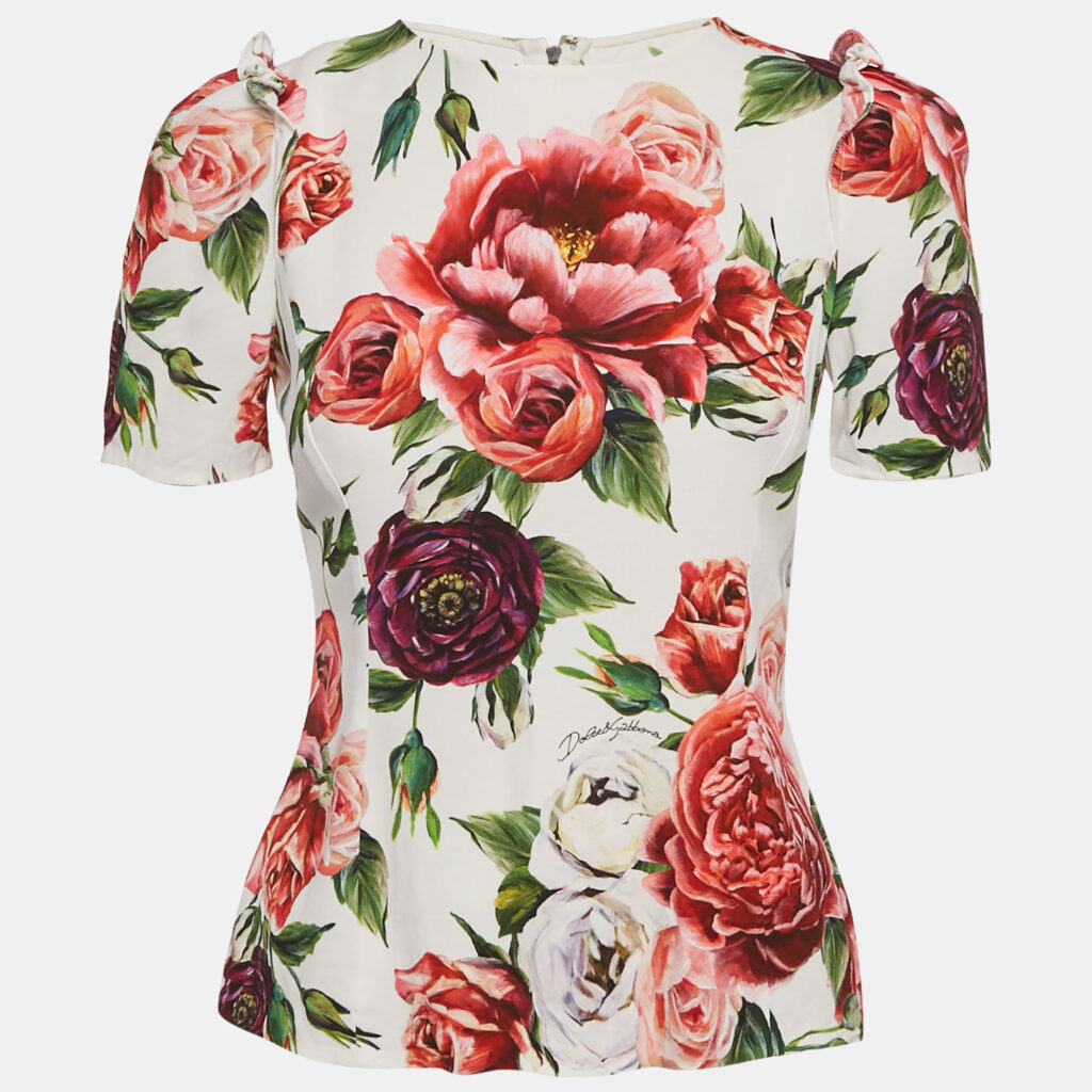 Dolce & Gabbana White Floral Print Crepe Ruffled Top S Dolce & Gabbana White Floral Print Crepe Ruffled Top S