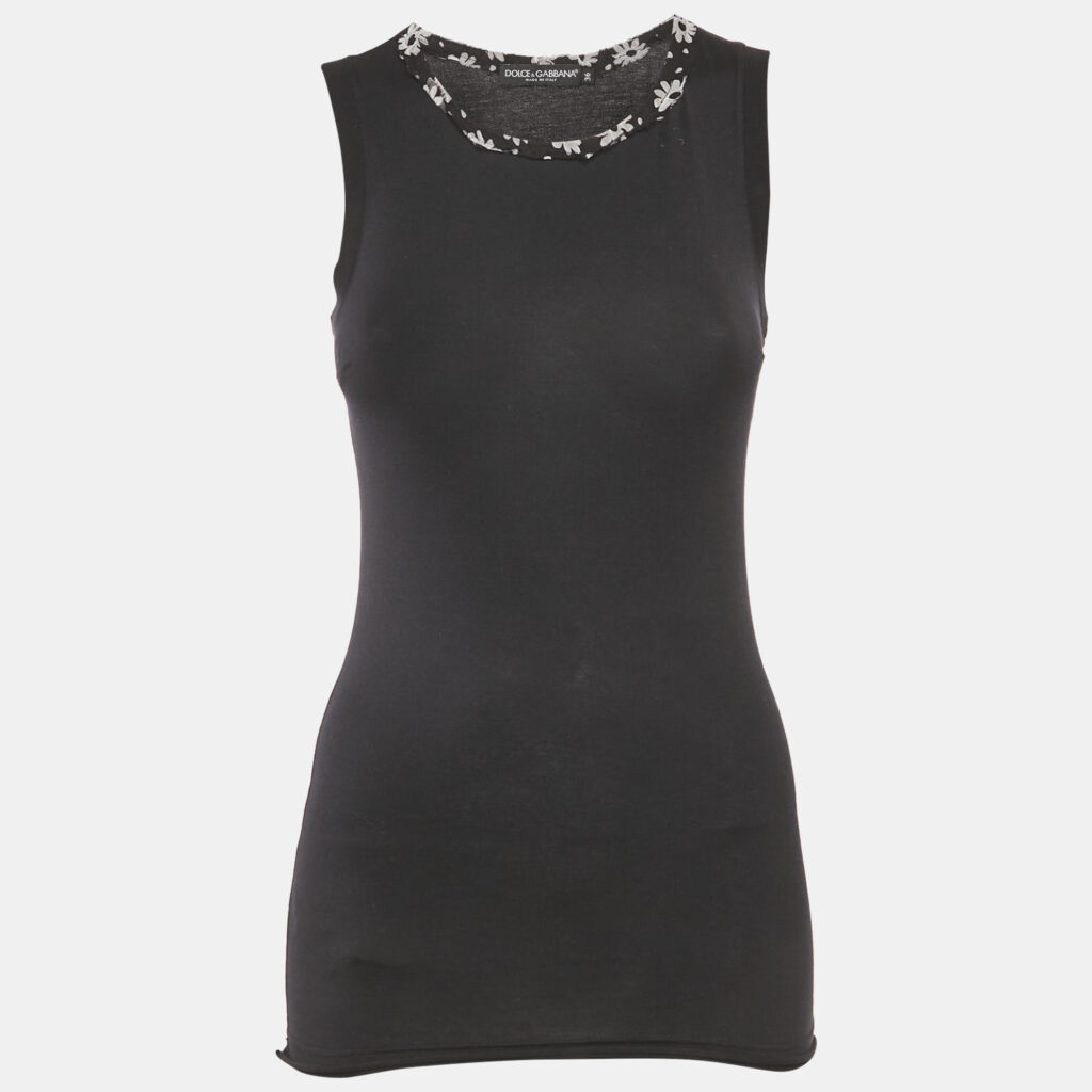 Dolce & Gabbana Black Floral Silk Trim Jersey Sleeveless Top XS