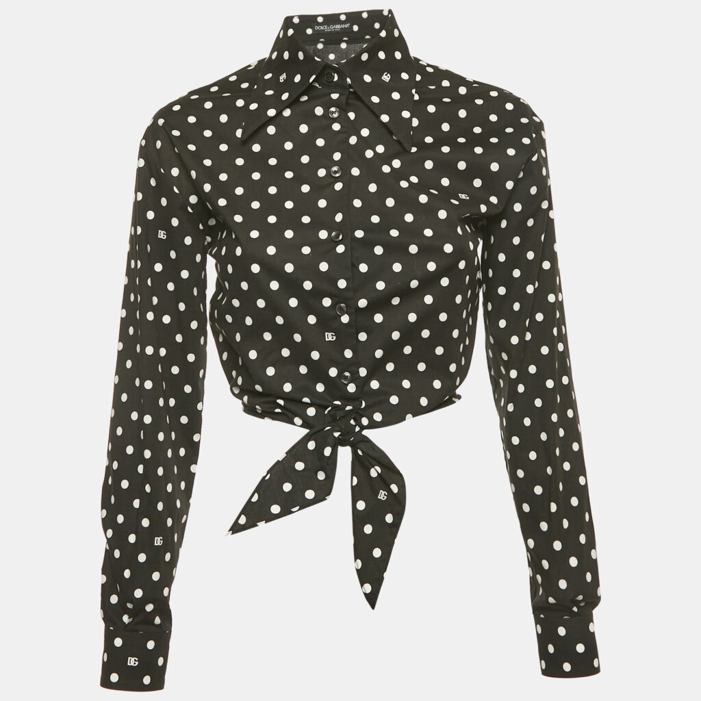 Dolce & Gabbana Black Polka Dots Print Cotton Tie-Up Shirt S