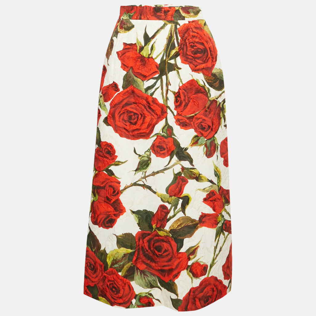 Dolce & Gabbana White Rose Print Cotton Blend Jacquard Midi Skirt M Dolce & Gabbana White Rose Print Cotton Blend Jacquard Midi Skirt M