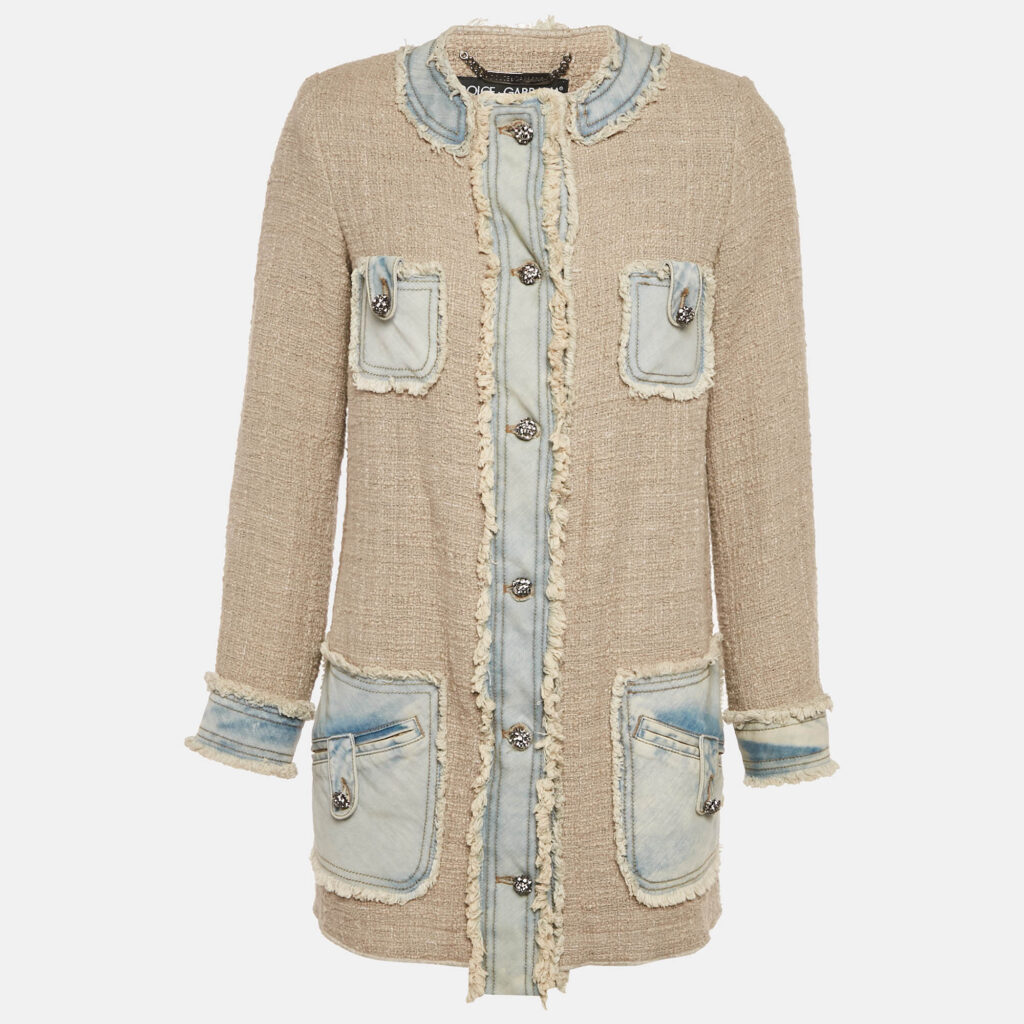 Dolce & Gabbana Beige Denim Trim Tweed Jacket M Dolce & Gabbana Beige Denim Trim Tweed Jacket M