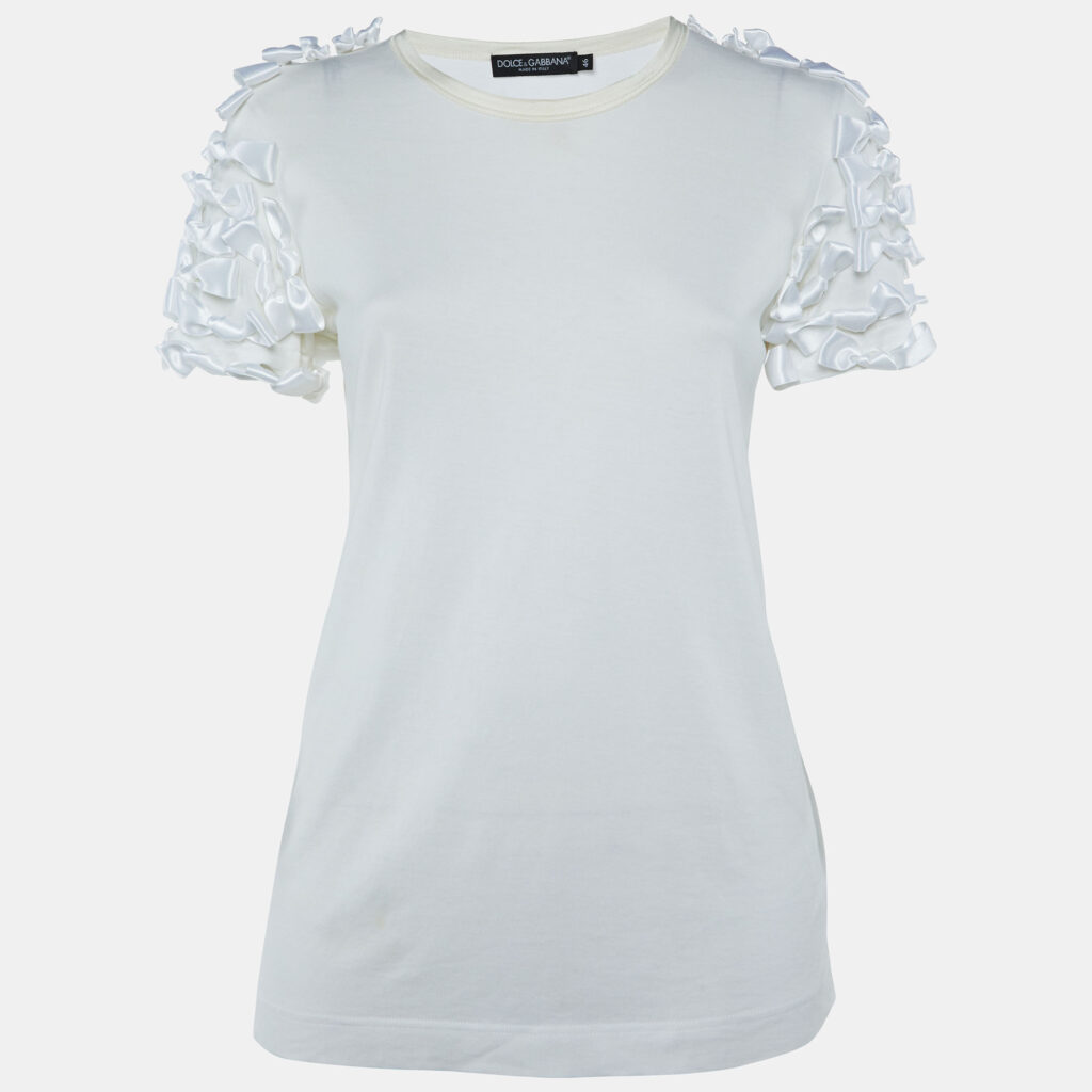 Dolce & Gabbana White Cotton Knit Bow Detail T-Shirt L Dolce & Gabbana White Cotton Knit Bow Detail T-Shirt L