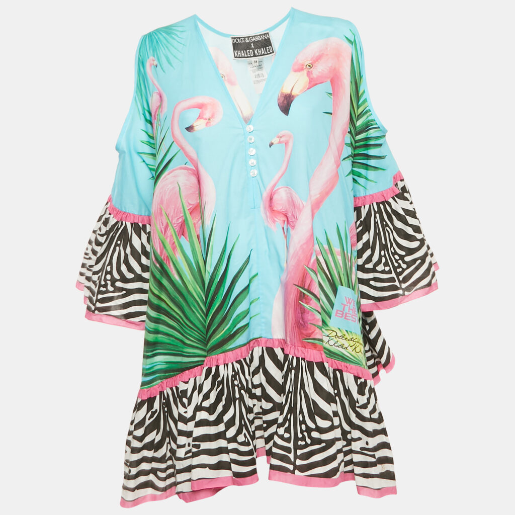 Dolce & Gabbana X Khaled Khaled Multicolor Flamingo Print Cotton Kaftan Mini Dress S