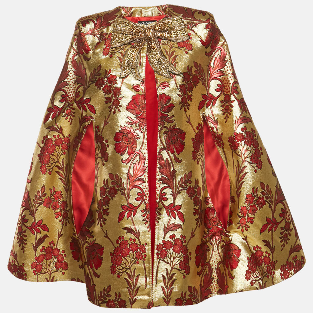 Dolce & Gabbana Gold & Red Bow Embellished Jacquard Cape M