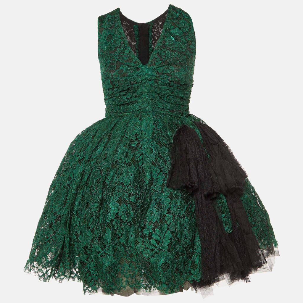 Dolce & Gabbana Green Lace Bow Detail Flared Mini Dress S
