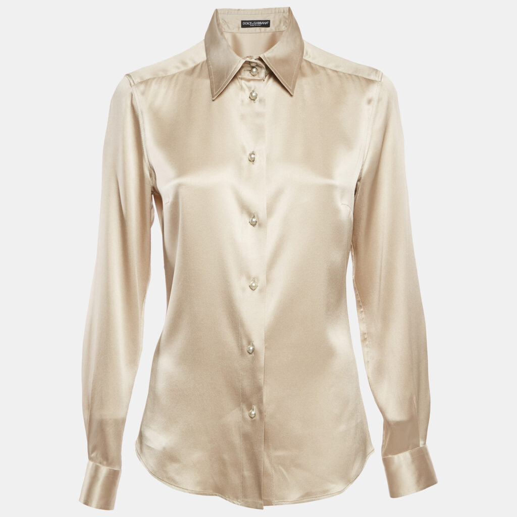 Dolce & Gabbana Cream Satin Button Detail Shirt M Dolce & Gabbana Cream Satin Button Detail Shirt M