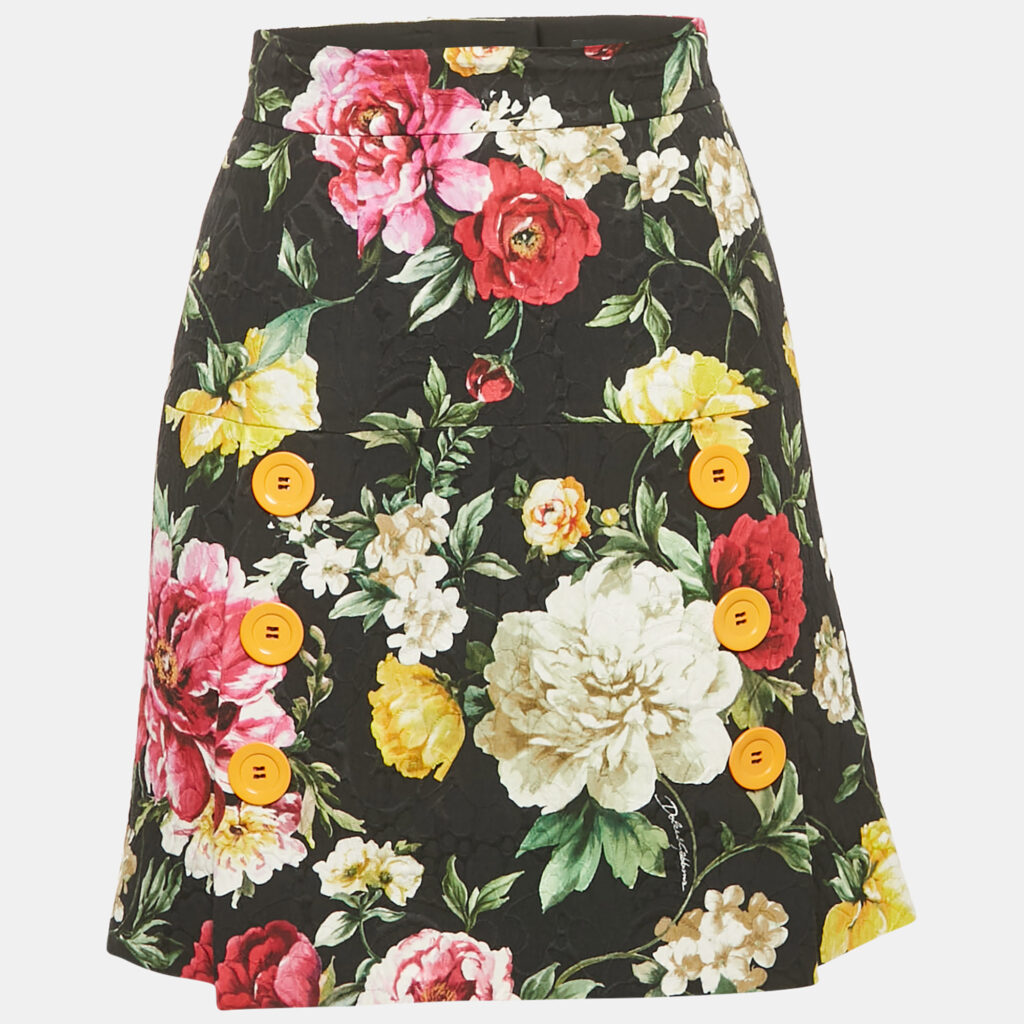 Dolce & Gabbana Black Floral Print Button Detail Jacquard Mini Skirt XS